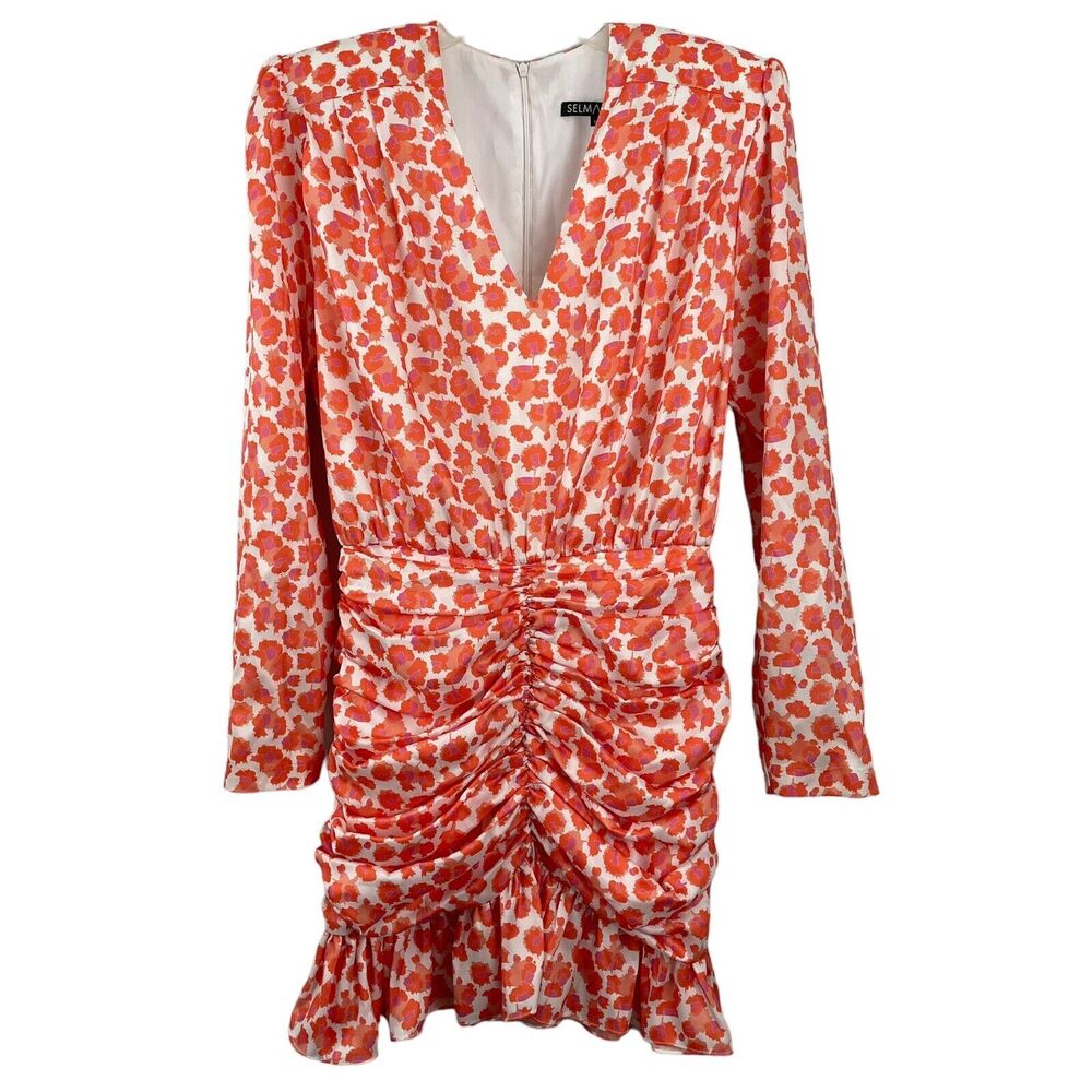 SELMACILEK Revolve Print Mini Dress Sz Medium Orange Floral Shoulder Pad Ruched